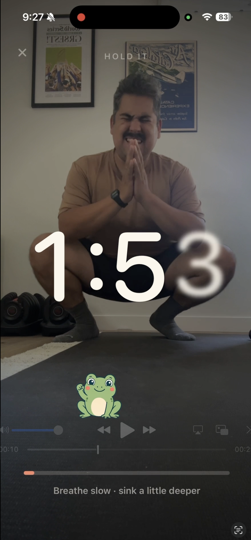 Camera-verified deep squat with countdown timer